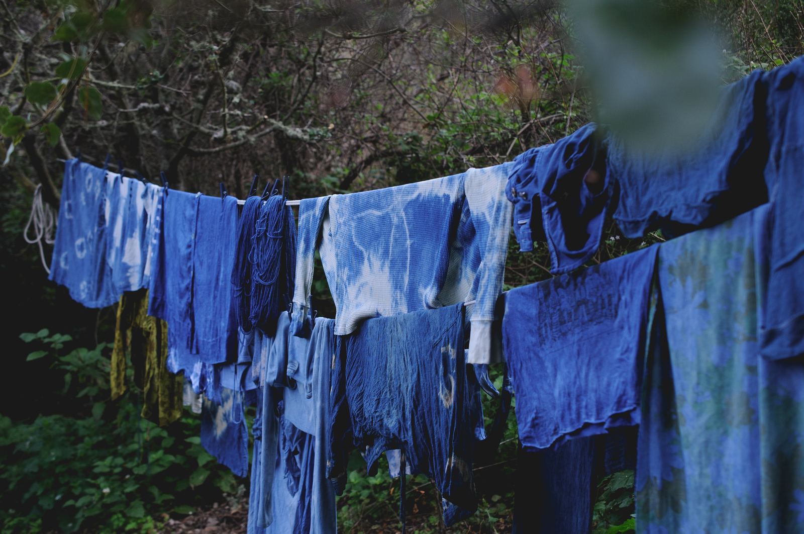 Indigo-dyed garments hanging on a line in the woods